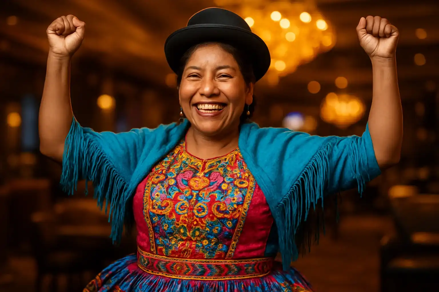 Mujer boliviana sonriente con pollera colorida en lounge VIP de casino