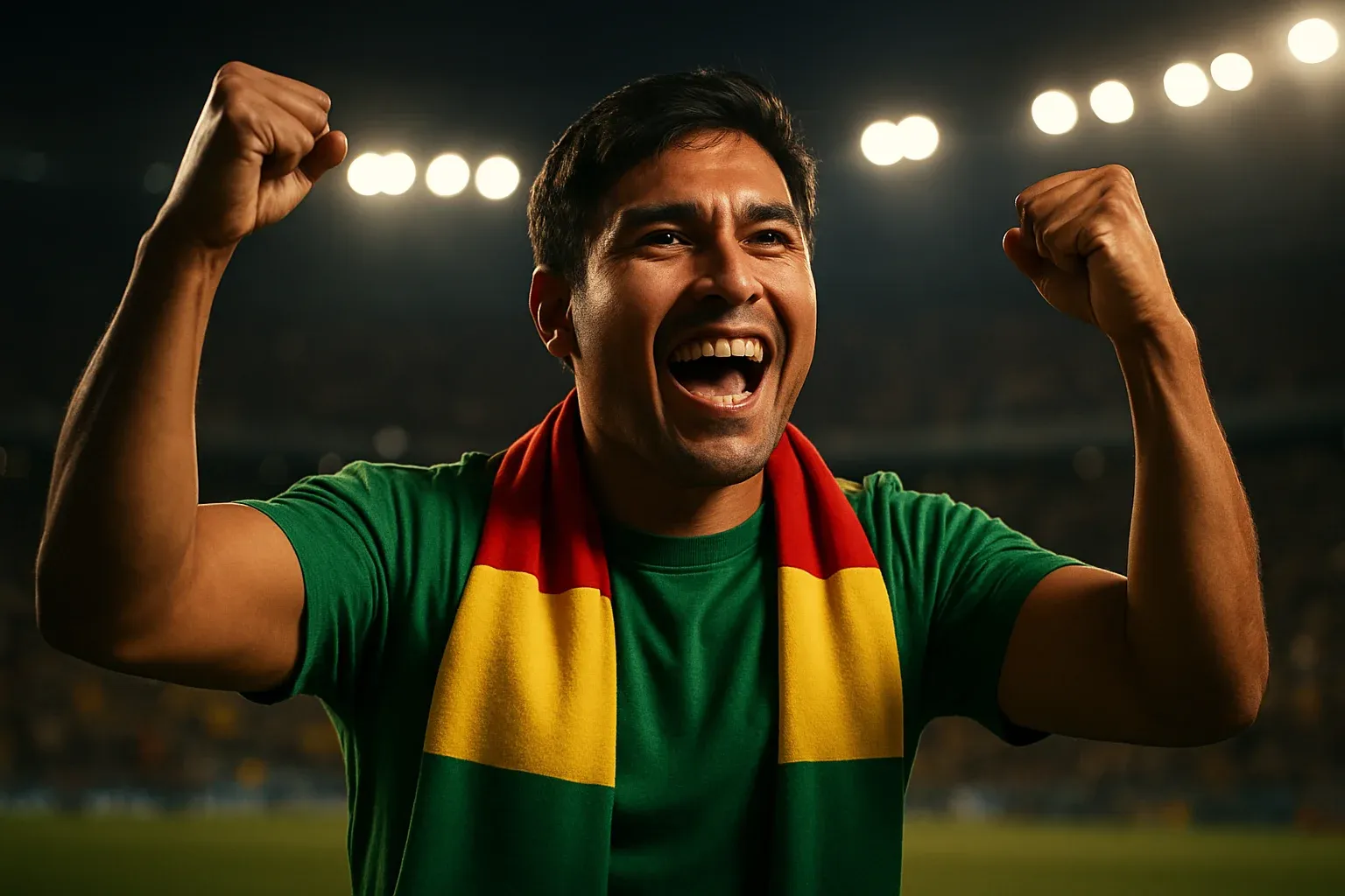 Hincha boliviano celebrando con puños en alto en estadio desenfocado