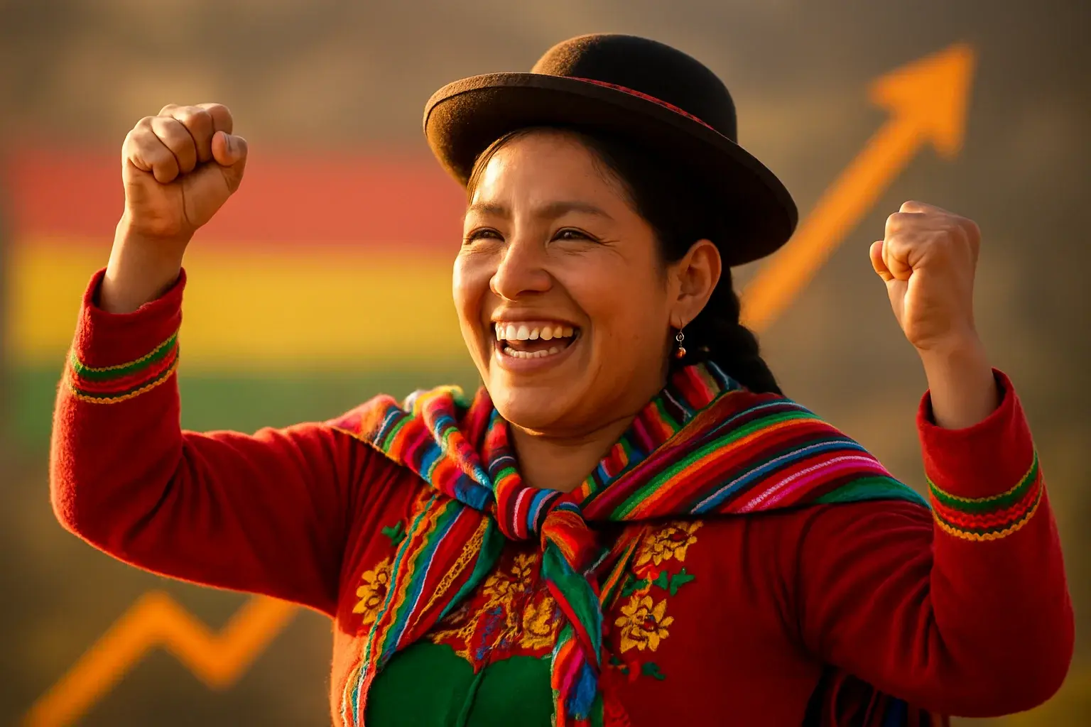 Mujer boliviana emocionada celebrando con puños alzados y colores andinos
