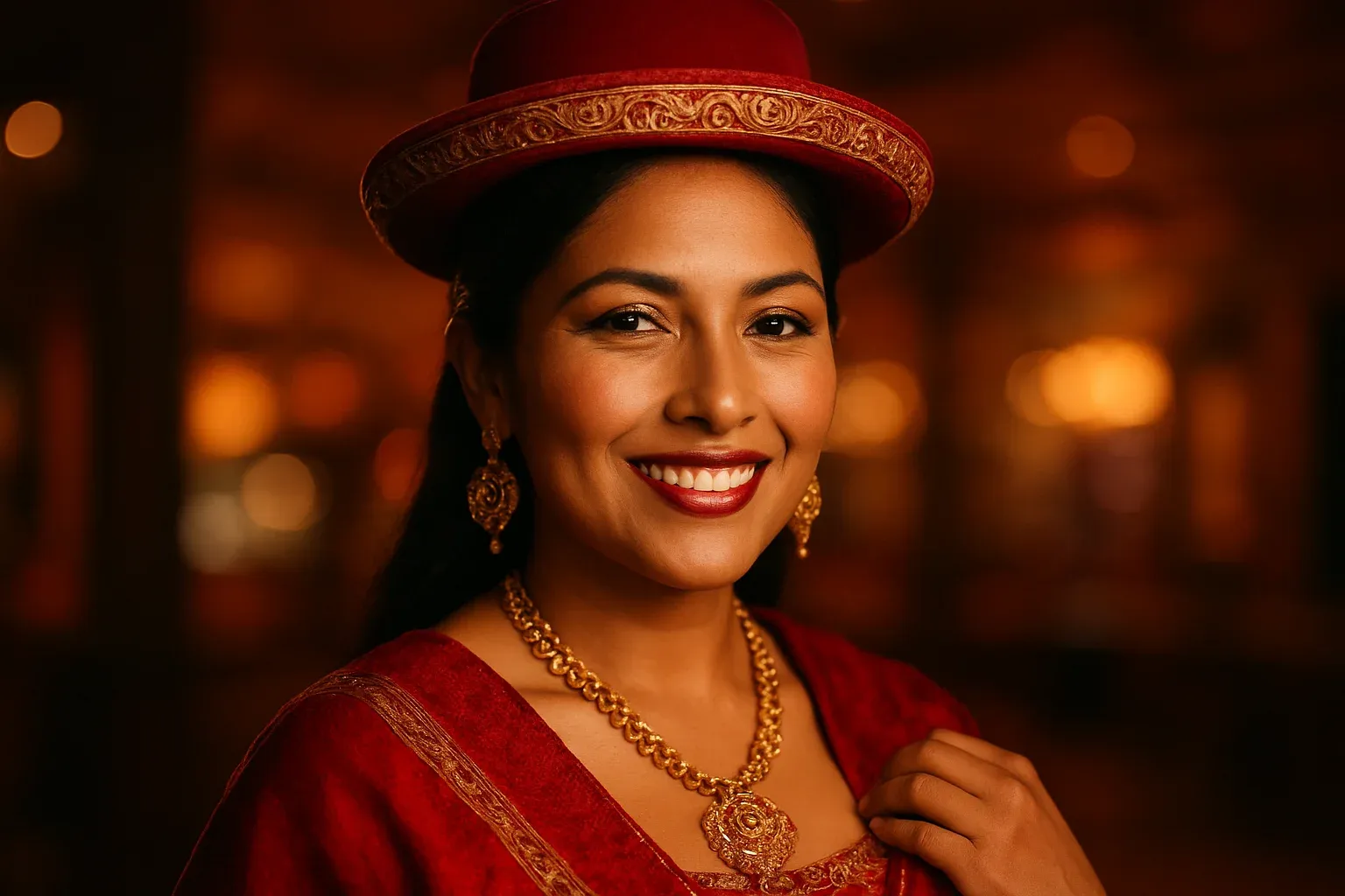 Retrato profesional de mujer boliviana elegante sonriendo en estudio de casino