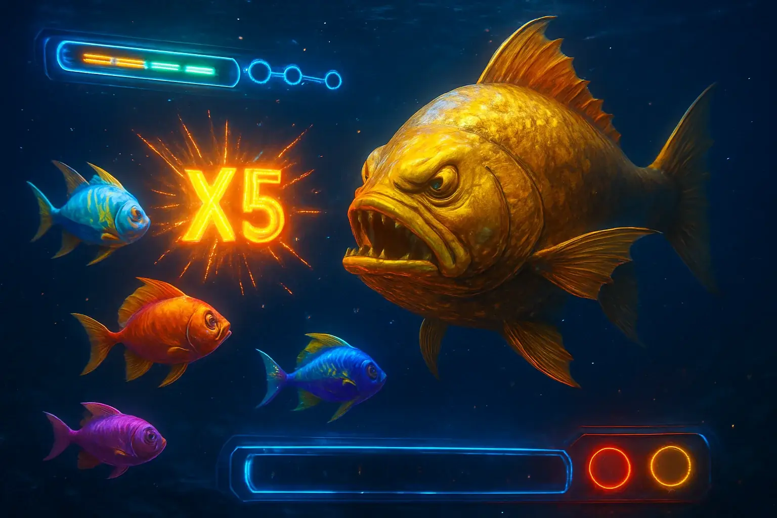 Peces tropicales brillantes y pez jefe dorado en océano profundo