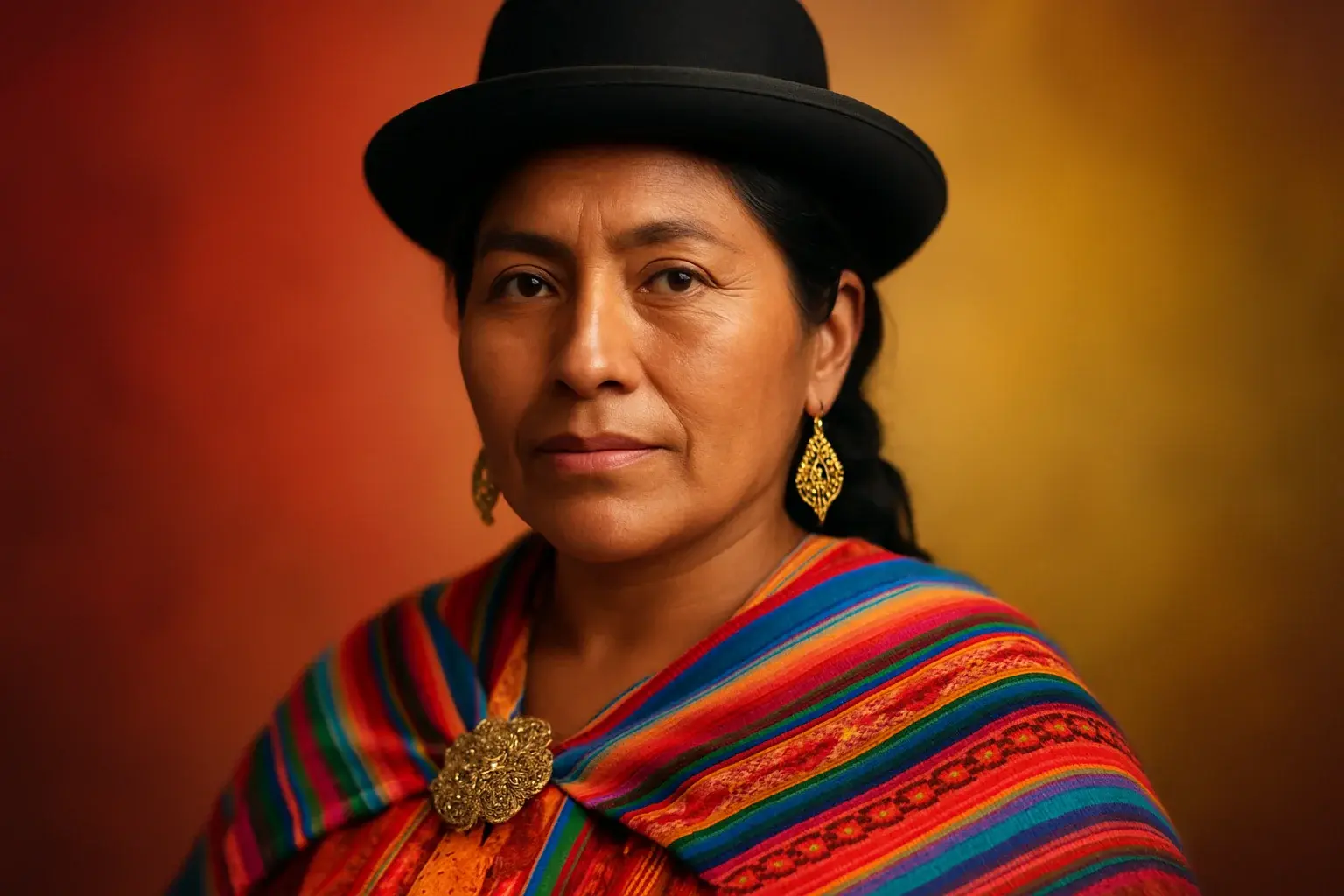 Retrato profesional de mujer boliviana con vestimenta tradicional colorida