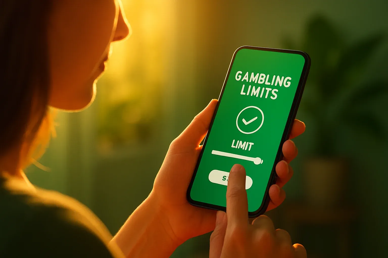 Persona configurando límites en smartphone, ambiente verde de seguridad y bienestar