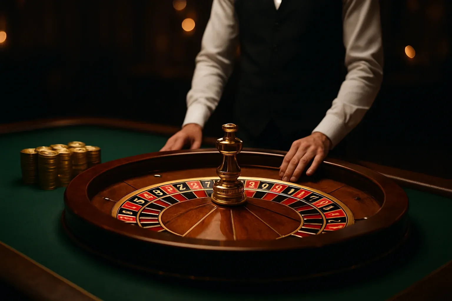Mesa elegante de casino en vivo con ruleta brillante y fichas doradas