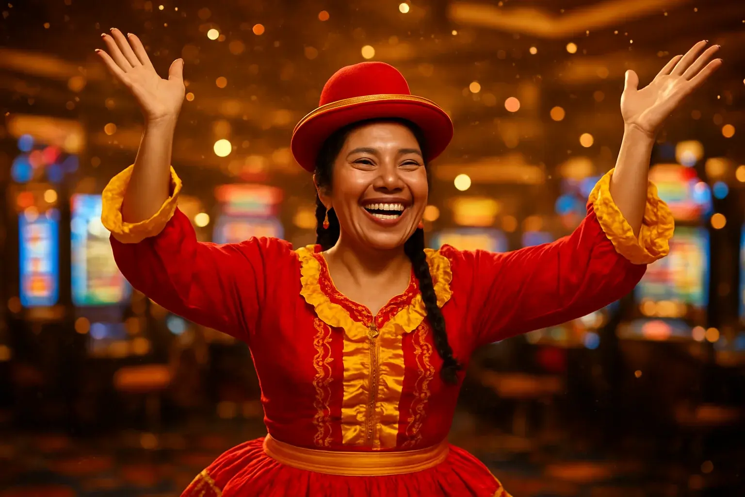 Mujer boliviana alegre con brazos alzados en ambiente festivo de casino
