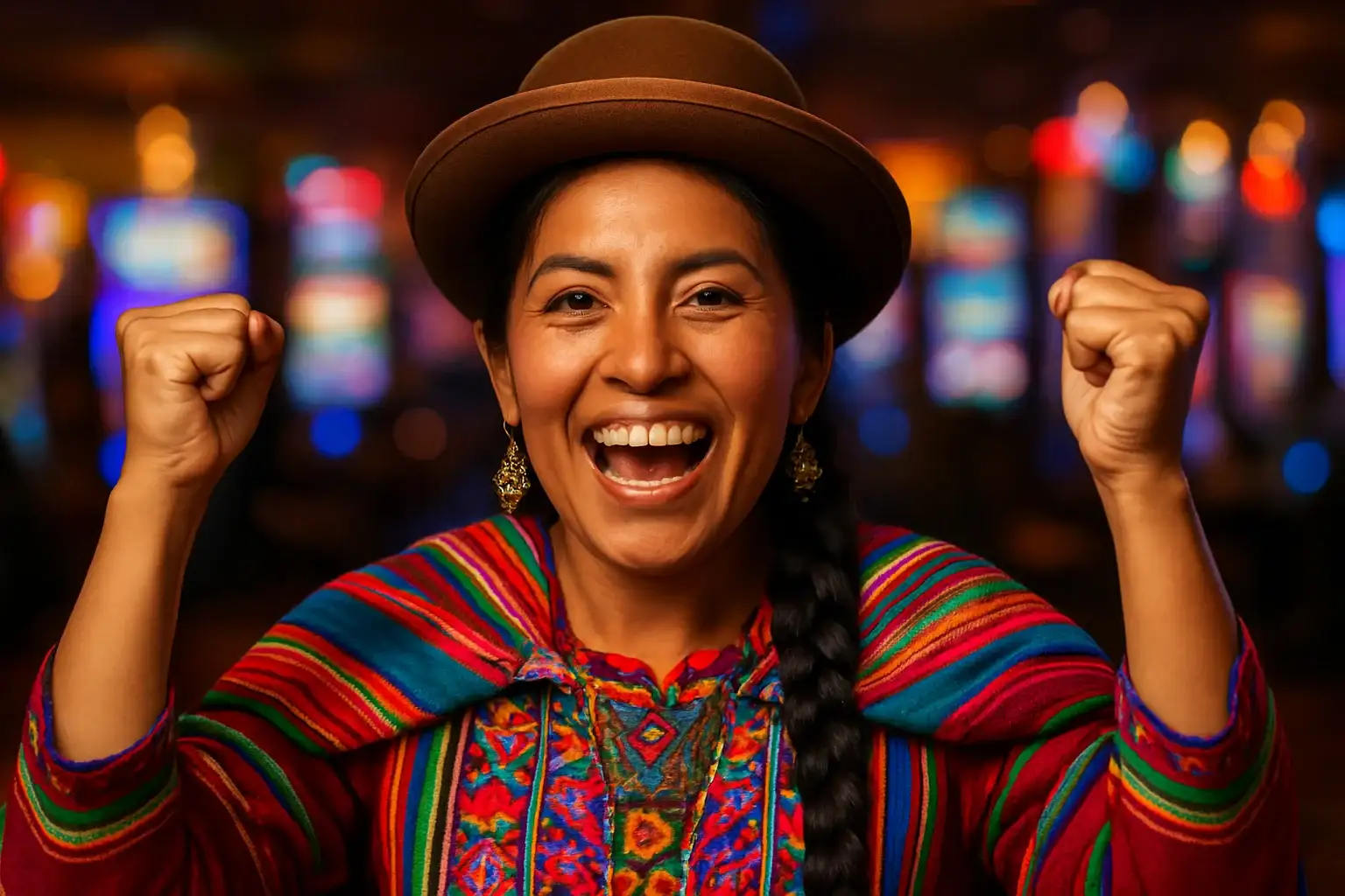 Mujer boliviana emocionada con traje tradicional en casino con tragamonedas